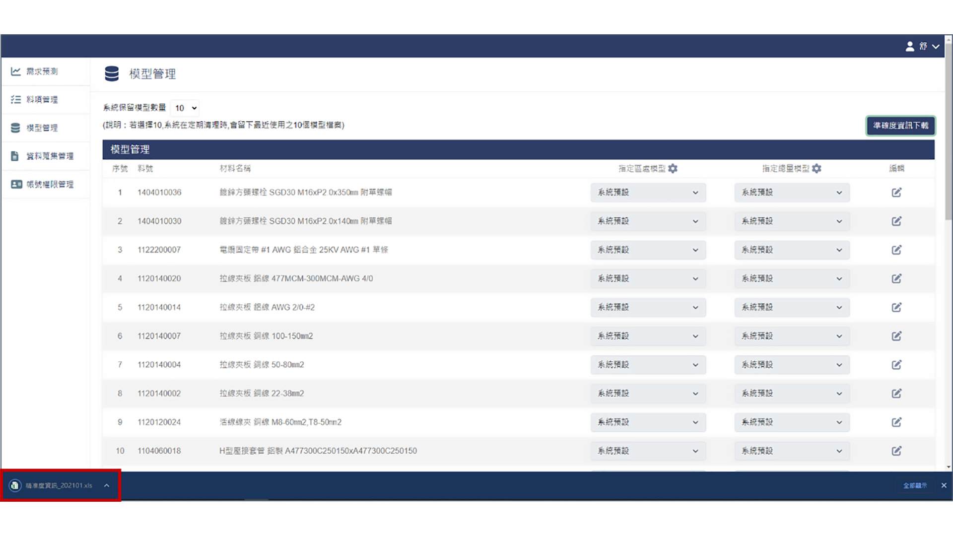 公司級材料需求預測系統畫面。